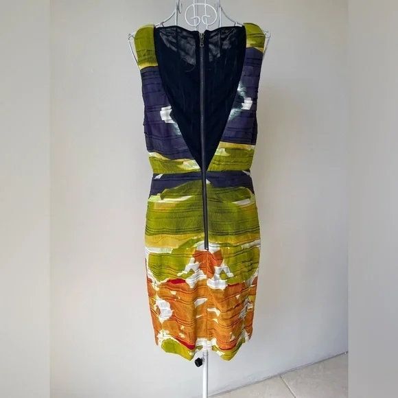 Alice + Olivia Valerie Silk Ruched Mesh Orange White Green Sleeveless Dress SZ 6 - Picture 8 of 12